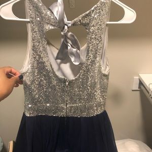 silver and navy homecoming dress.